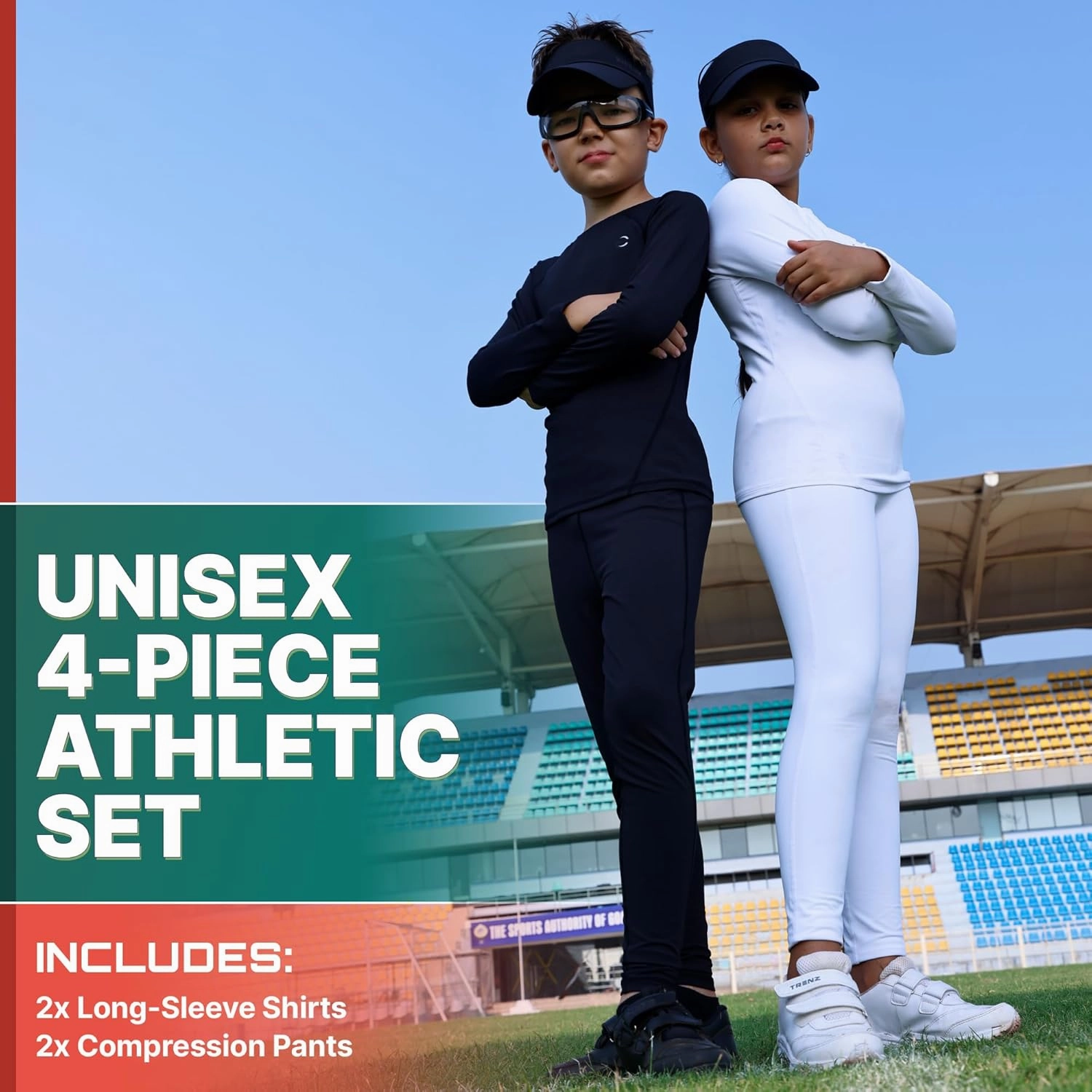 Boys Compression Pants and Youth Athletic Shirts Set 4 Piece Base Layer Gear for Kids Sports, Football, Soccer