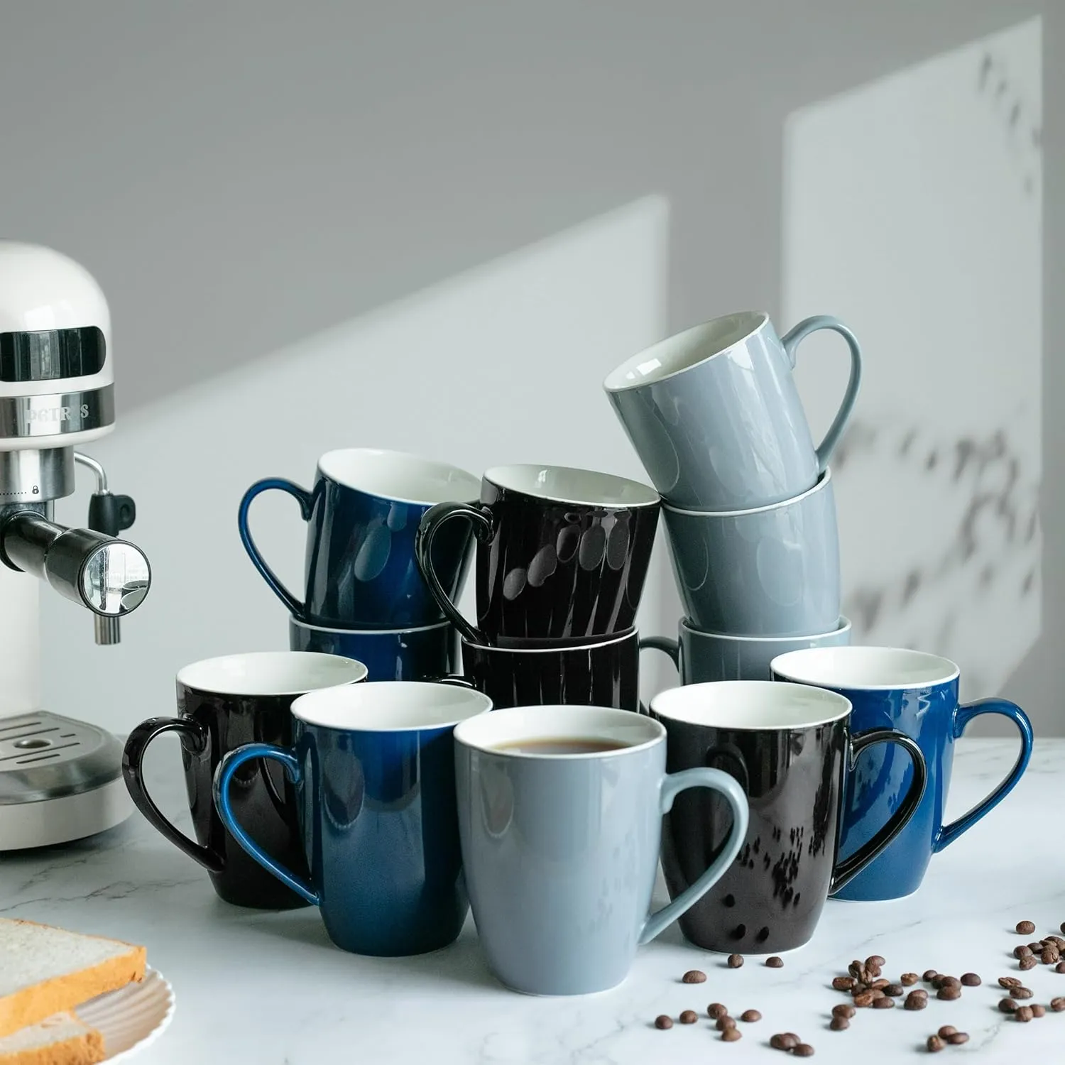 Brew To A Tea - Gray Fine Bone China Porcelain Coffee Mugs, Set of 4, 16 oz Each