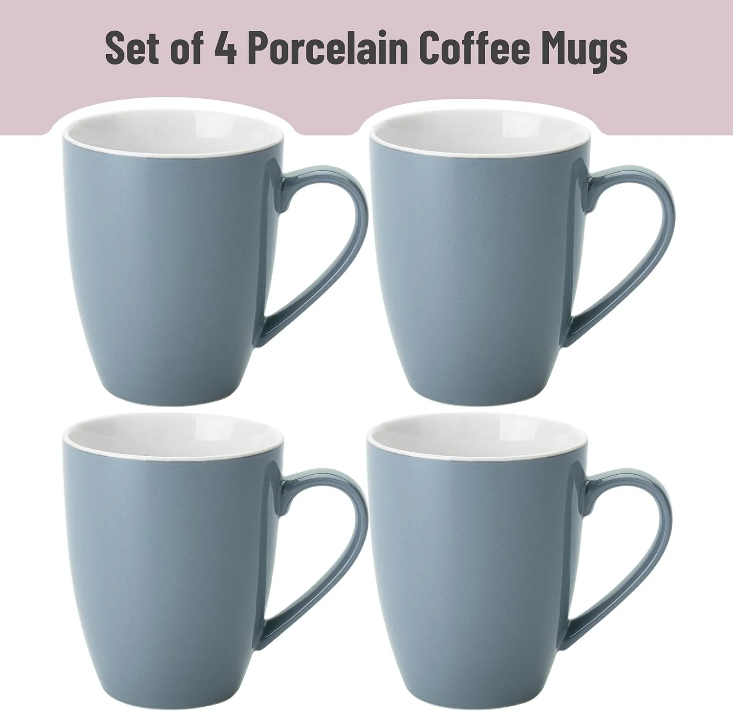 Brew To A Tea - Gray Fine Bone China Porcelain Coffee Mugs, Set of 4, 16 oz Each