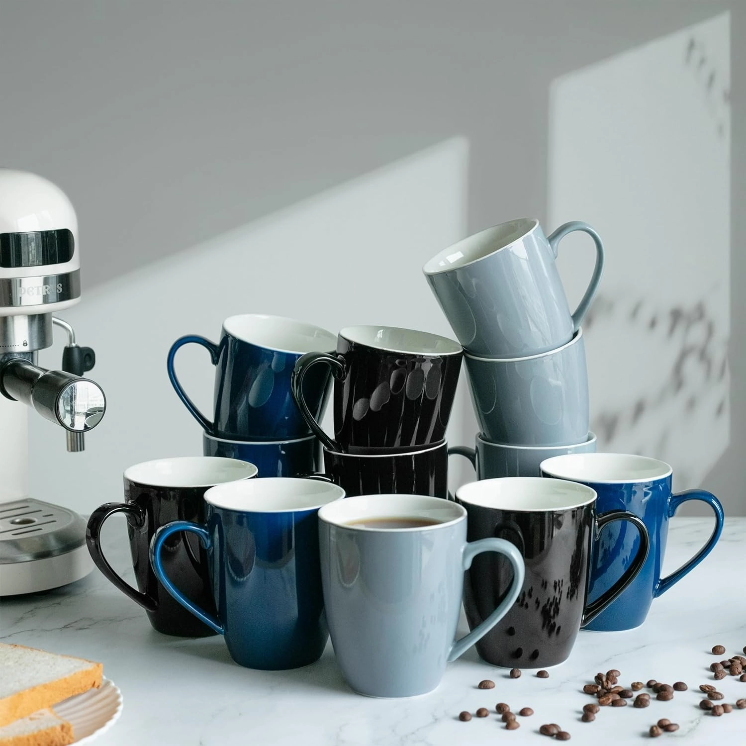 Brew To A Tea - Black Fine Bone China Porcelain Coffee Mugs, Set of 4, 16oz, Modern, Elegant, Microwave & Dishwasher Safe