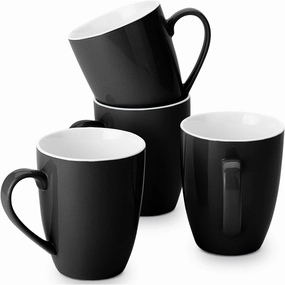 Brew To A Tea - Black Fine Bone China Porcelain Coffee Mugs, Set of 4, 16oz, Modern, Elegant, Microwave & Dishwasher Safe