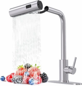 Brushed Nickel Single Hole Kitchen Faucets with Pull Down Sprayer, Single Handle, High Flow Water, Pull Out Tap, Stainless Steel Sink Faucet, Suitable for Farmhouse Camper Laundry Rv Bar
