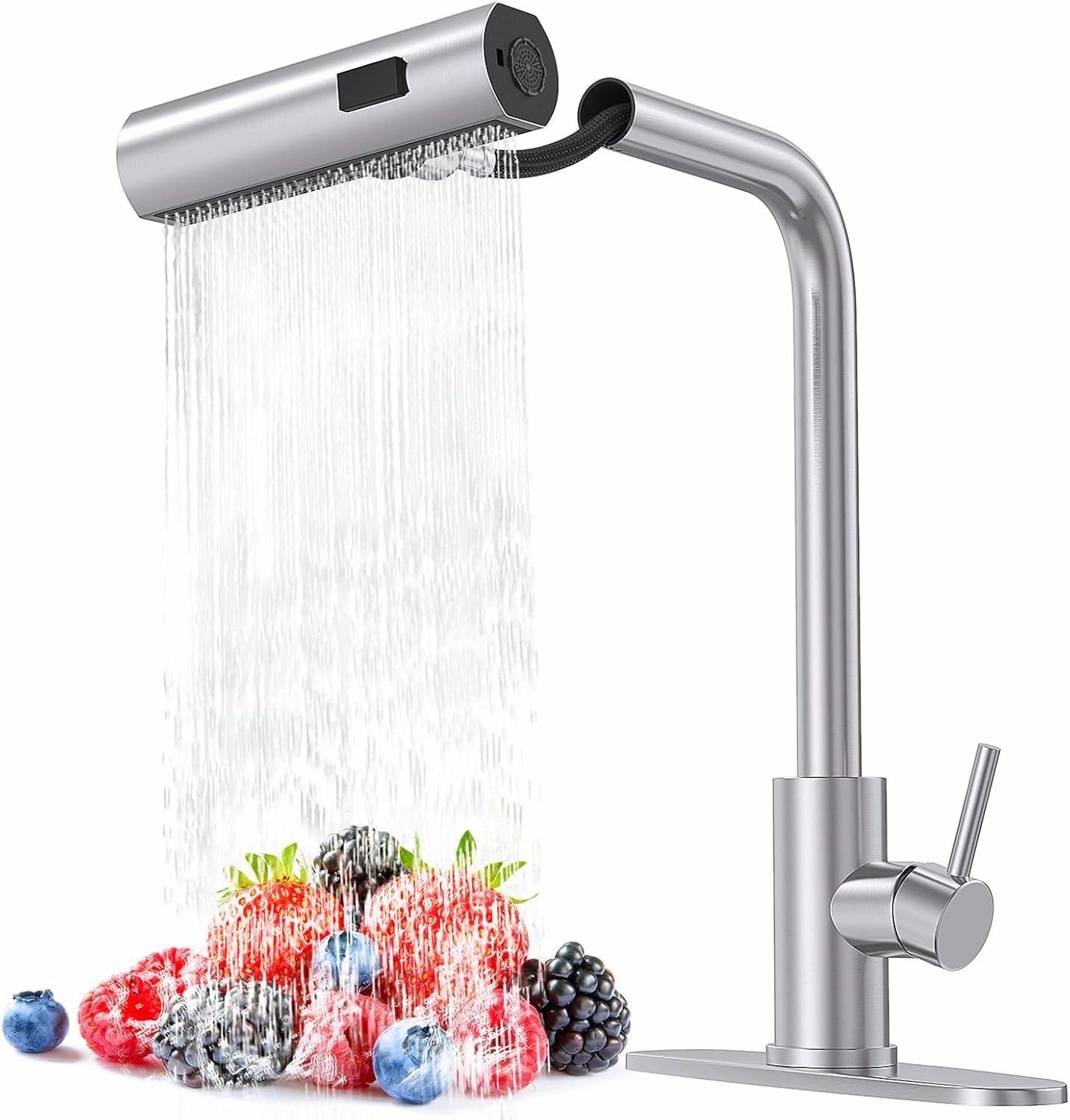 Brushed Nickel Single Hole Kitchen Faucets with Pull Down Sprayer, Single Handle, High Flow Water, Pull Out Tap, Stainless Steel Sink Faucet, Suitable for Farmhouse Camper Laundry Rv Bar