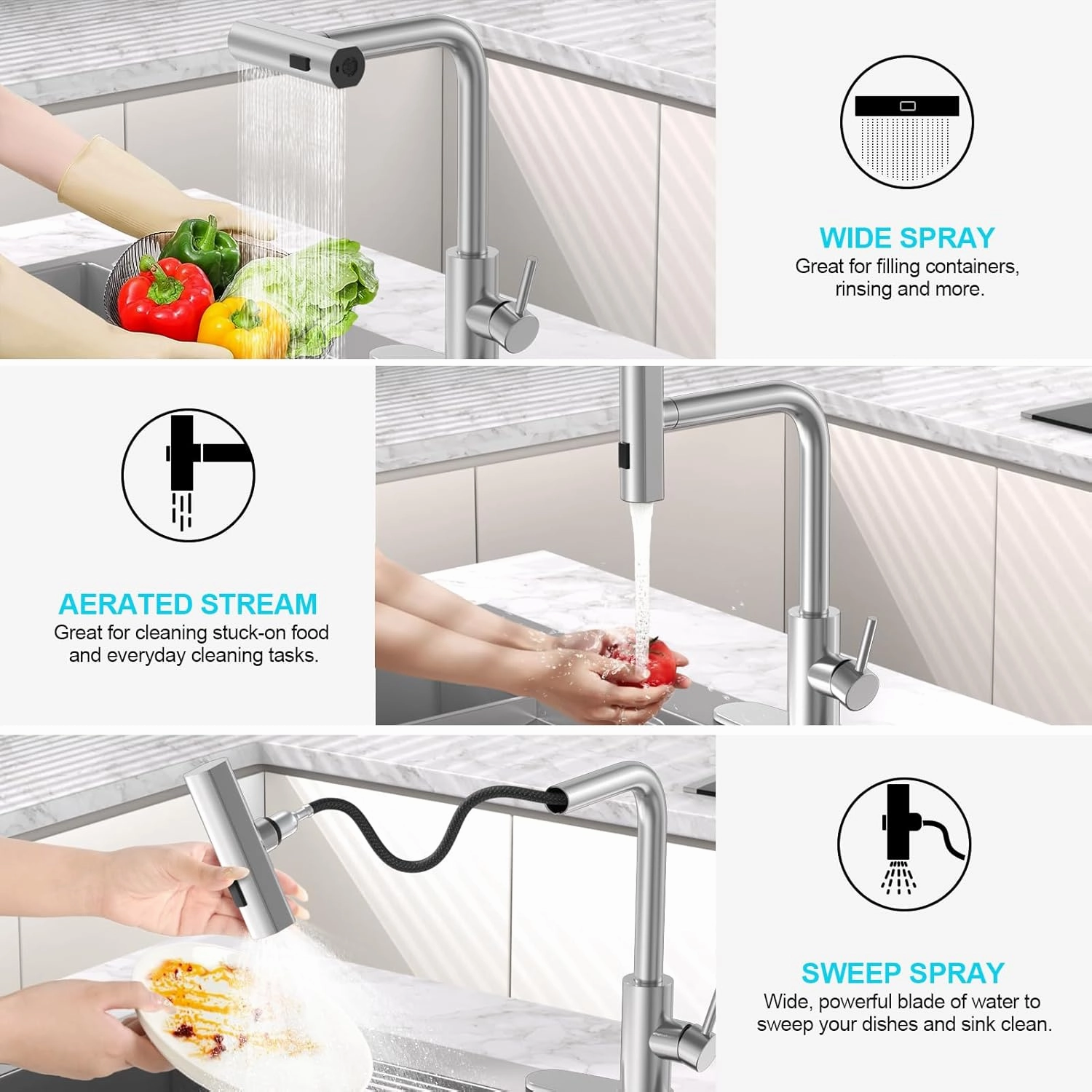 Brushed Nickel Single Hole Kitchen Faucets with Pull Down Sprayer, Single Handle, High Flow Water, Pull Out Tap, Stainless Steel Sink Faucet, Suitable for Farmhouse Camper Laundry Rv Bar