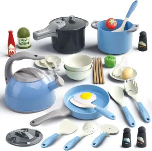Bruvoalon 32Pcs Kids Play Kitchen Toys Set, Toddlers Pretend Cooking Playset Acccessories with Pots Pans, Utensils Cookware, Foods, Canned Veges, Learning Gift for Kids Girls Boys (Blue)