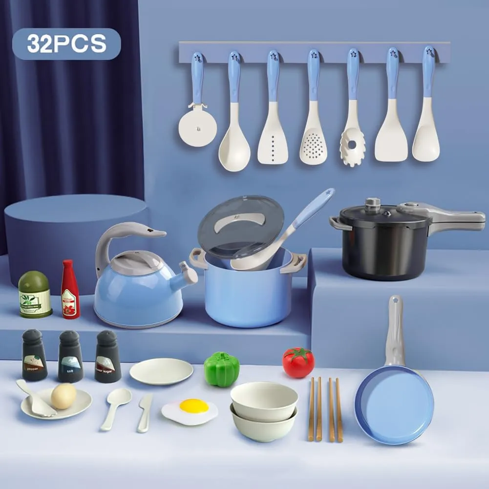 Bruvoalon 32Pcs Kids Play Kitchen Toys Set, Toddlers Pretend Cooking Playset Acccessories with Pots Pans, Utensils Cookware, Foods, Canned Veges, Learning Gift for Kids Girls Boys (Blue)