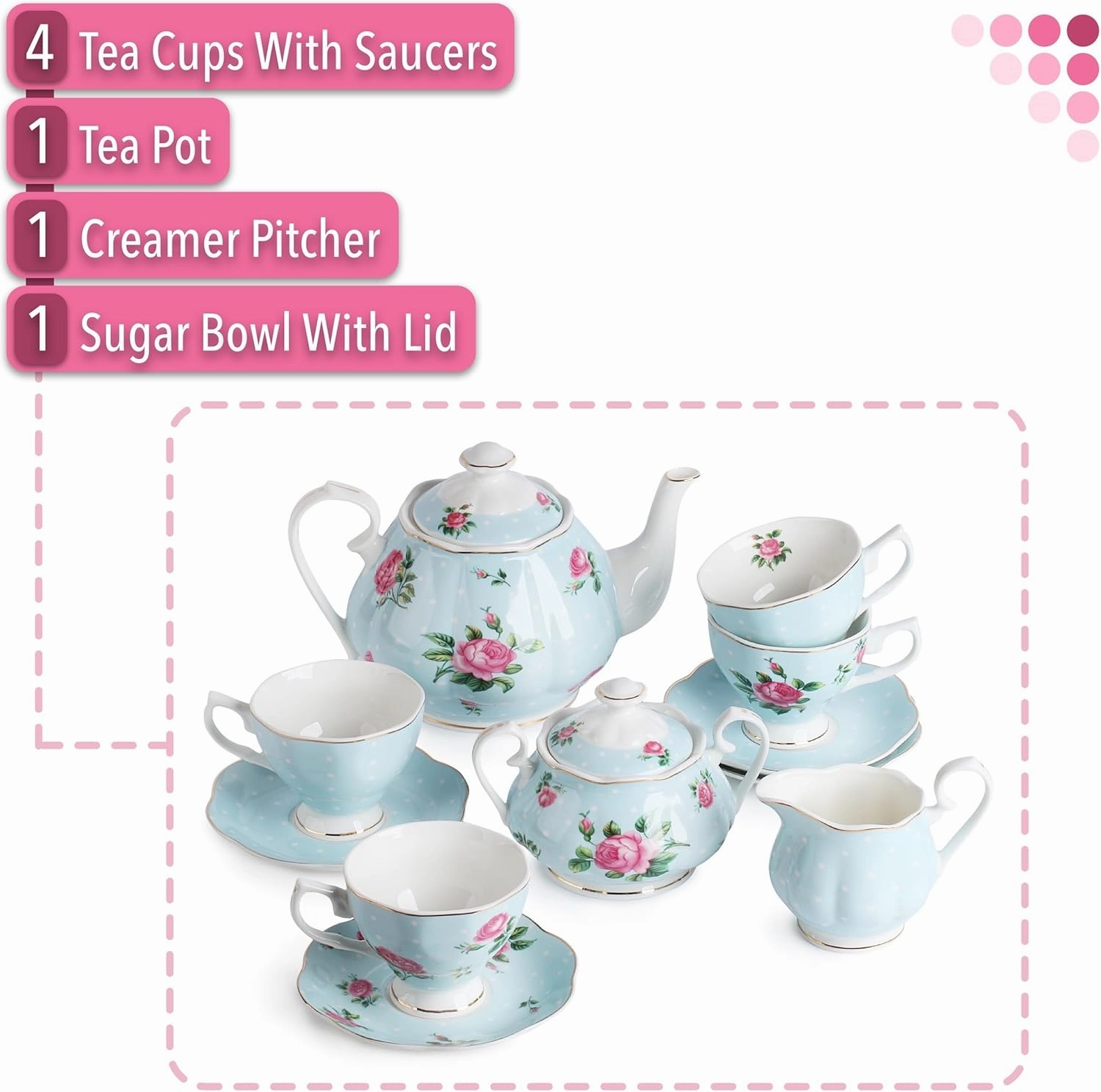 BTaT- Floral Tea Sets for Adults, 13 pcs, Service for 4, Pot (38 oz) & Cups (8 oz) with Saucers, Pastel Blue Floral Design, Porcelain Tea Set for Adult, Mother's Day Gift