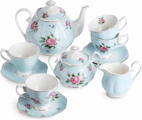 BTaT- Floral Tea Sets for Adults, 13 pcs, Service for 4, Pot (38 oz) & Cups (8 oz) with Saucers, Pastel Blue Floral Design, Porcelain Tea Set for Adult, Mother's Day Gift