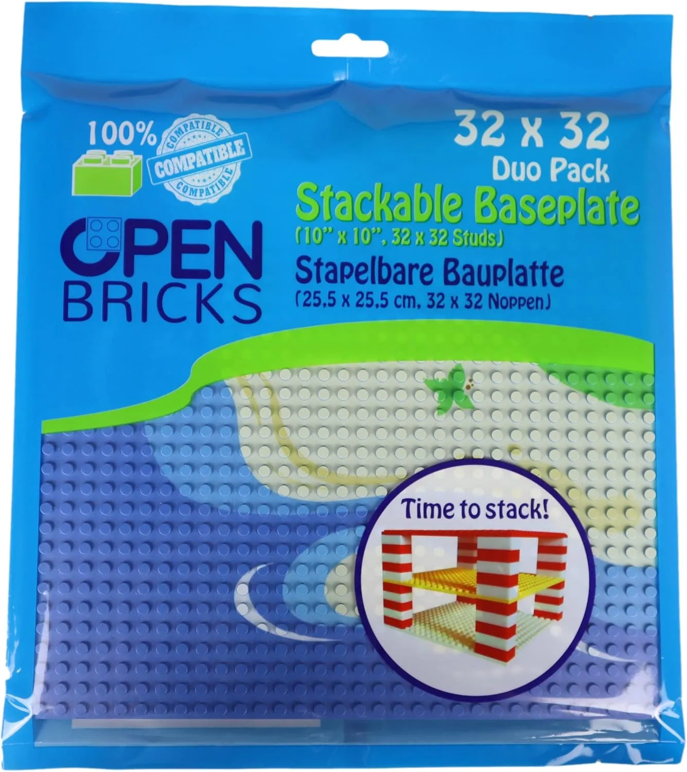 Building Plates, 32 x 32 (25.5 x 25.5 cm), Curved Beach, Pack of 2, Compatible with All Leading Brands, Can Be Buildable on Both Sides OB-P32CB2, Blue, Sand, Green