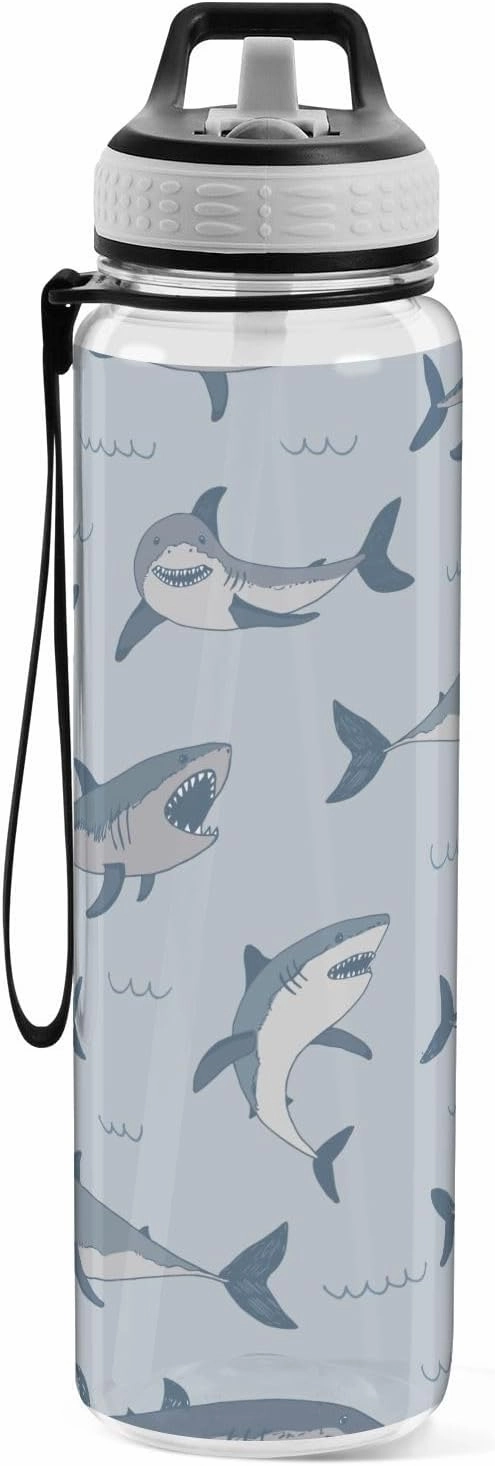 Burbuja Cute Cartoon Sharks 32 oz Water Bottle with Straw Lid, Leakproof & BPA Free Tritan Bottle for Gym Fitness Outdoor Sports