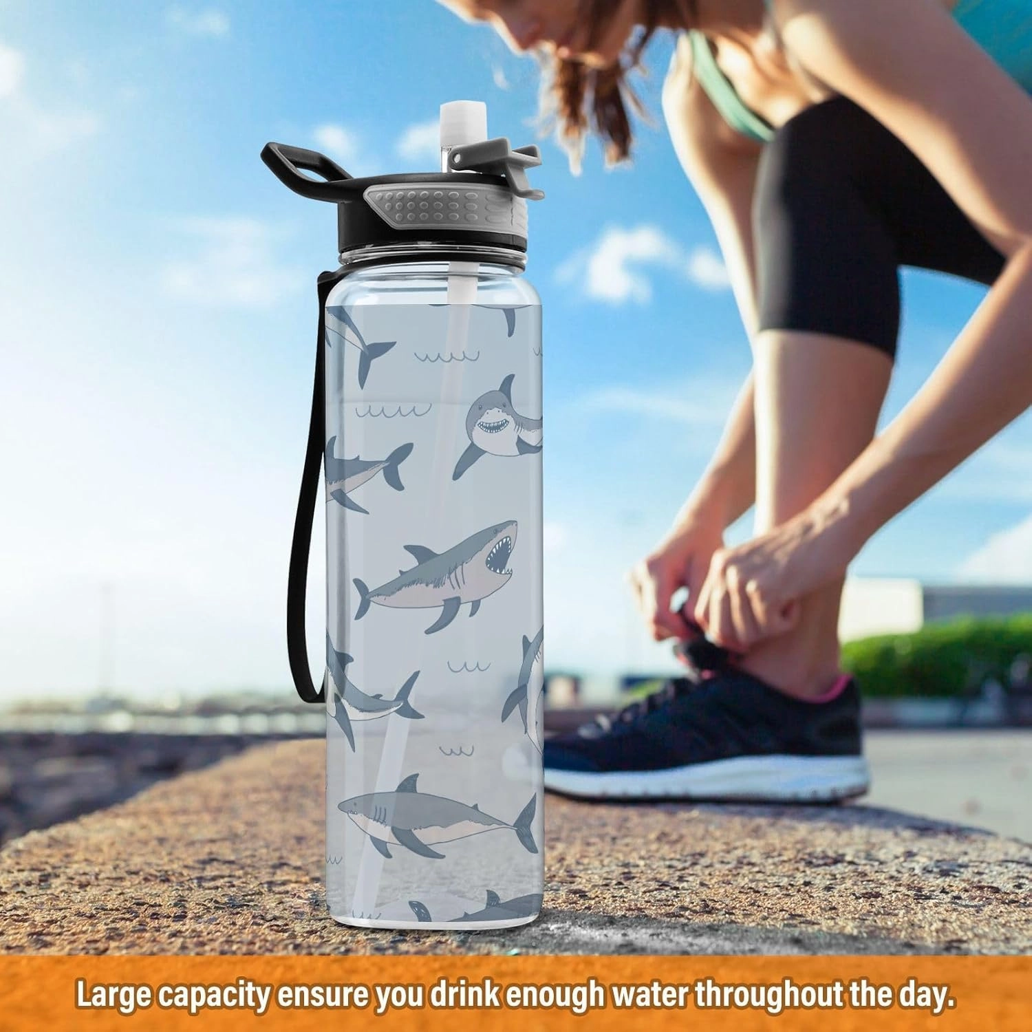 Burbuja Cute Cartoon Sharks 32 oz Water Bottle with Straw Lid, Leakproof & BPA Free Tritan Bottle for Gym Fitness Outdoor Sports
