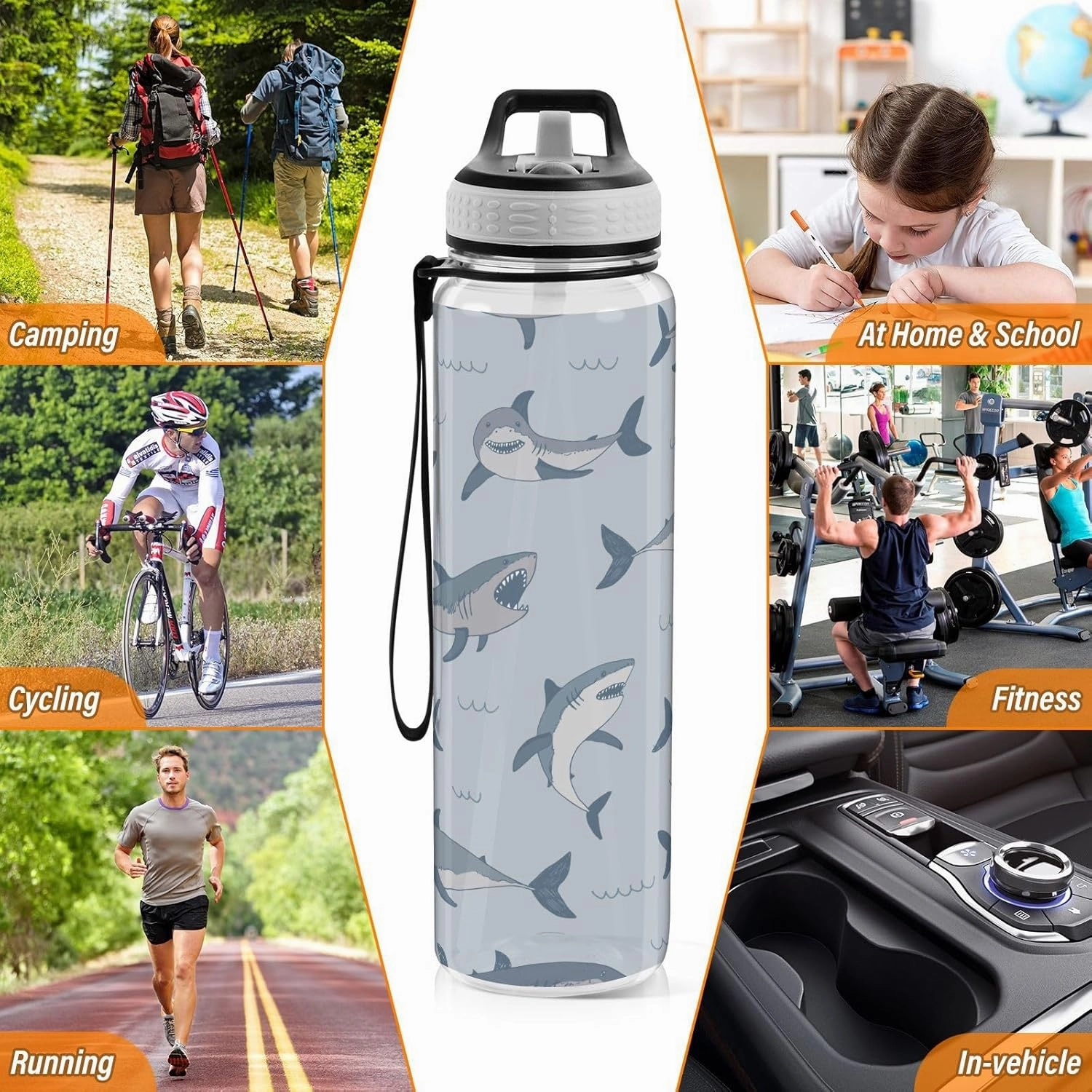 Burbuja Cute Cartoon Sharks 32 oz Water Bottle with Straw Lid, Leakproof & BPA Free Tritan Bottle for Gym Fitness Outdoor Sports