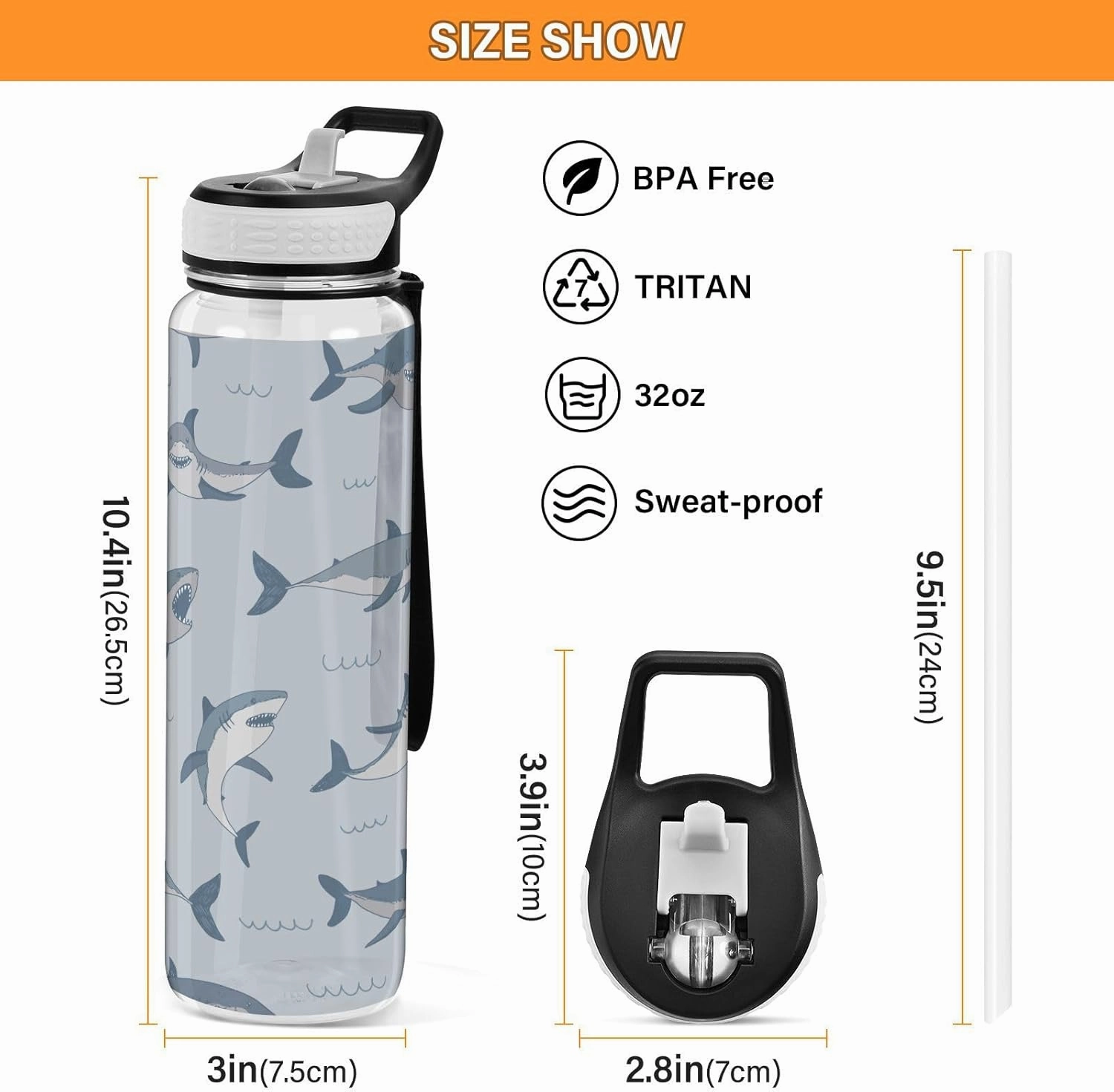Burbuja Cute Cartoon Sharks 32 oz Water Bottle with Straw Lid, Leakproof & BPA Free Tritan Bottle for Gym Fitness Outdoor Sports