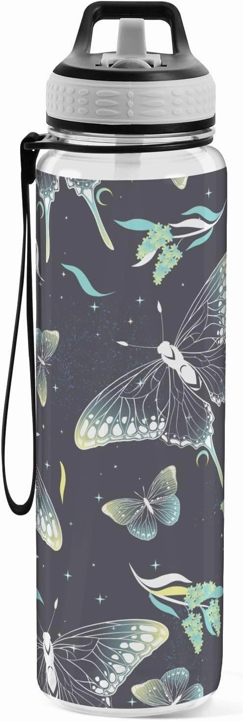 Burbuja Elegant Moon Moth 32 oz Water Bottle with Straw Lid, Leakproof & BPA Free Tritan Bottle for Gym Fitness Outdoor Sports