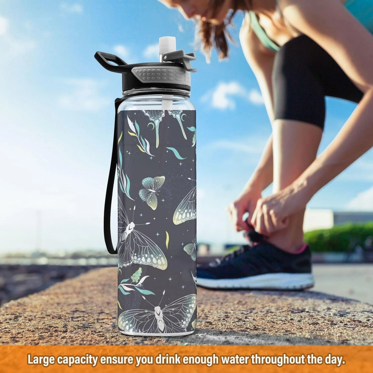 Burbuja Elegant Moon Moth 32 oz Water Bottle with Straw Lid, Leakproof & BPA Free Tritan Bottle for Gym Fitness Outdoor Sports