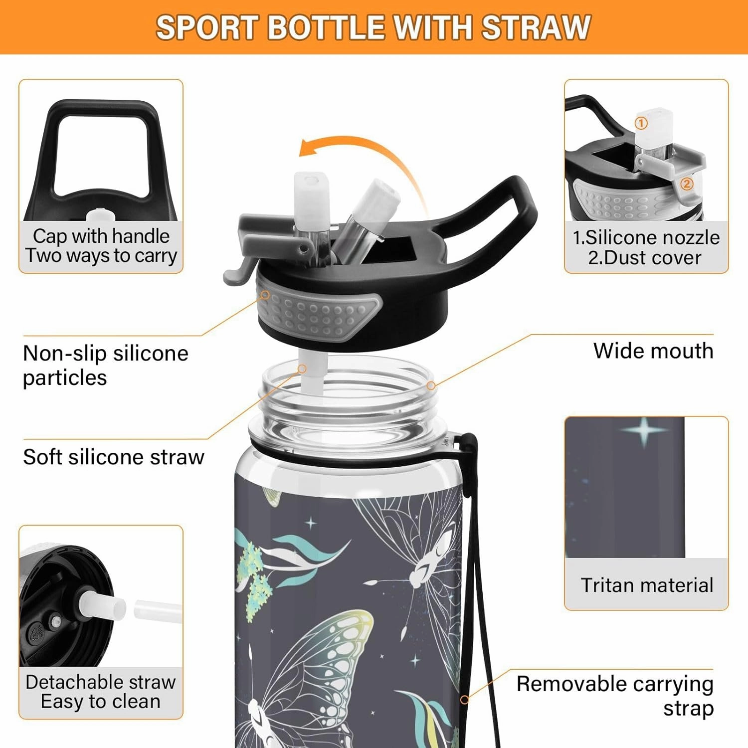 Burbuja Elegant Moon Moth 32 oz Water Bottle with Straw Lid, Leakproof & BPA Free Tritan Bottle for Gym Fitness Outdoor Sports