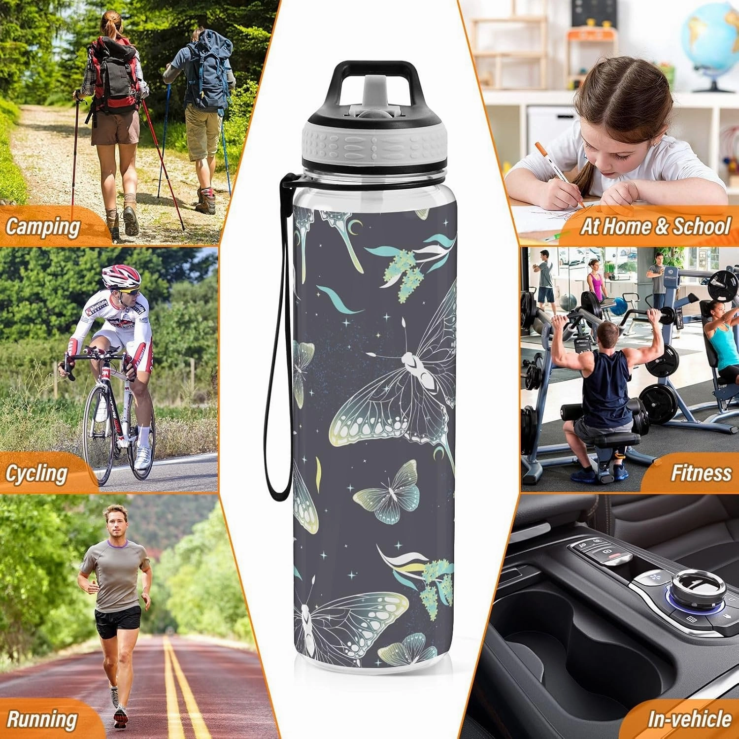 Burbuja Elegant Moon Moth 32 oz Water Bottle with Straw Lid, Leakproof & BPA Free Tritan Bottle for Gym Fitness Outdoor Sports