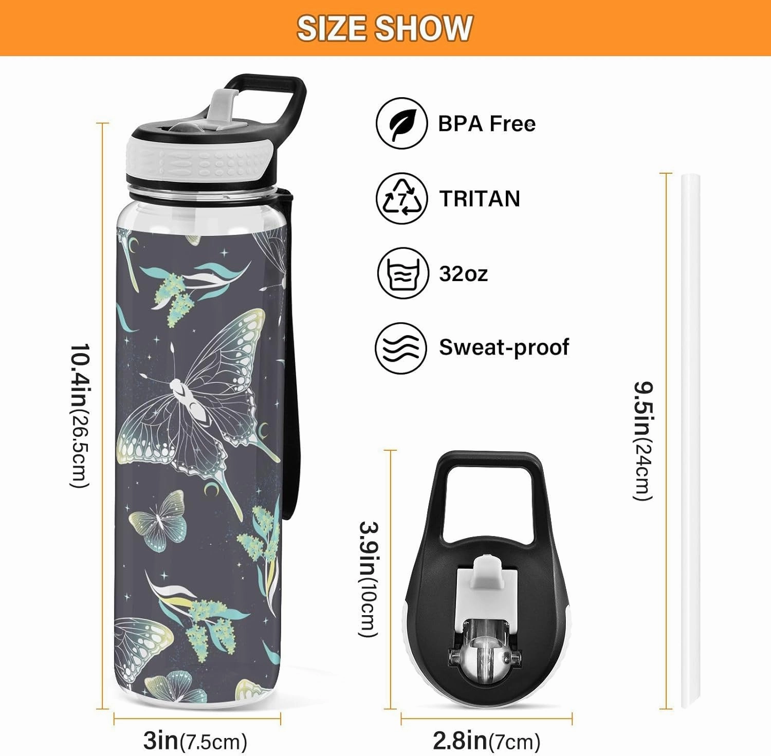 Burbuja Elegant Moon Moth 32 oz Water Bottle with Straw Lid, Leakproof & BPA Free Tritan Bottle for Gym Fitness Outdoor Sports