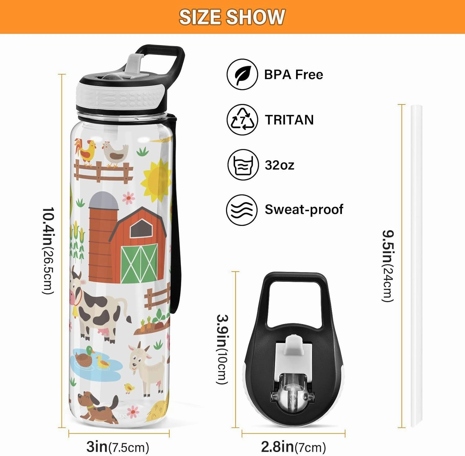 Burbuja Farm Animals 32 oz Water Bottle with Straw Lid, Leakproof & BPA Free Tritan Bottle for Gym Fitness Outdoor Sports