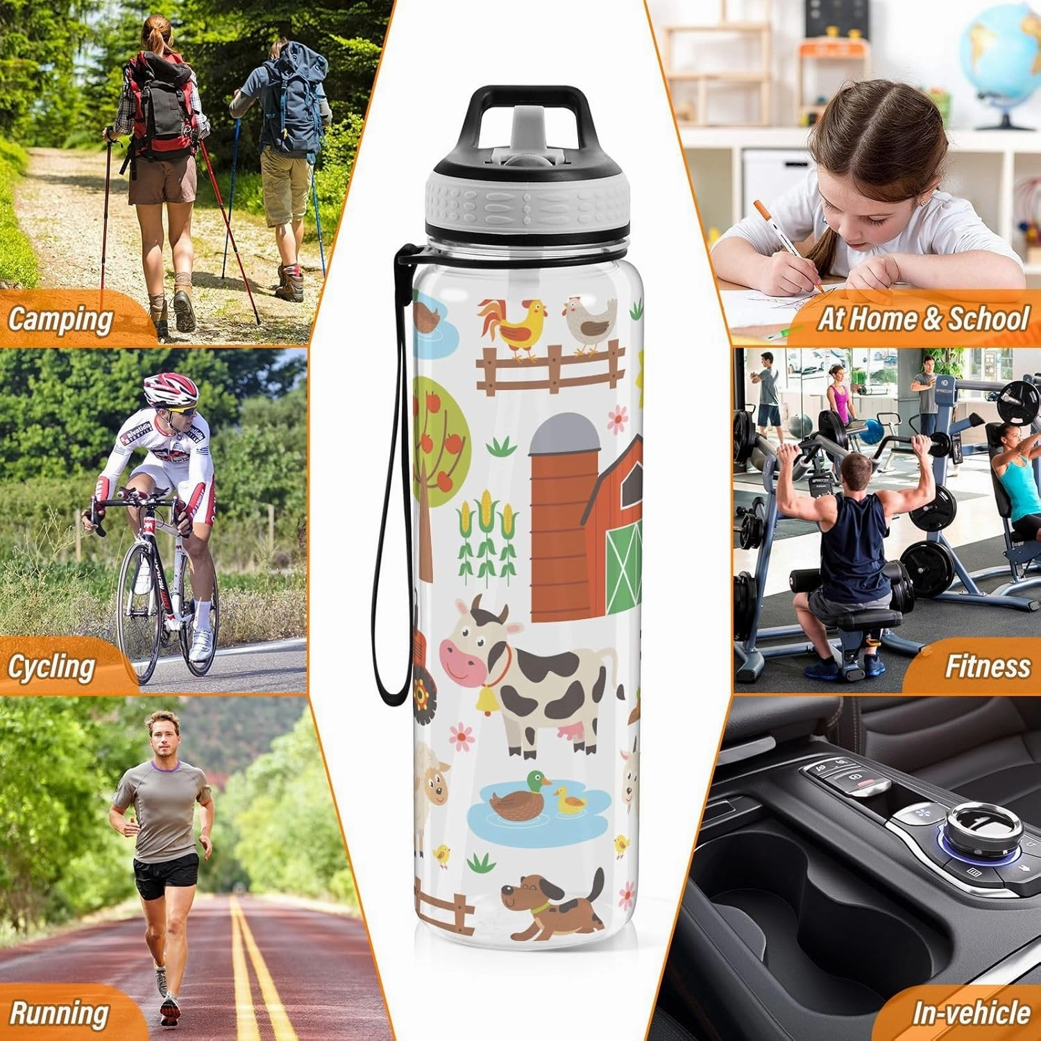 Burbuja Farm Animals 32 oz Water Bottle with Straw Lid, Leakproof & BPA Free Tritan Bottle for Gym Fitness Outdoor Sports