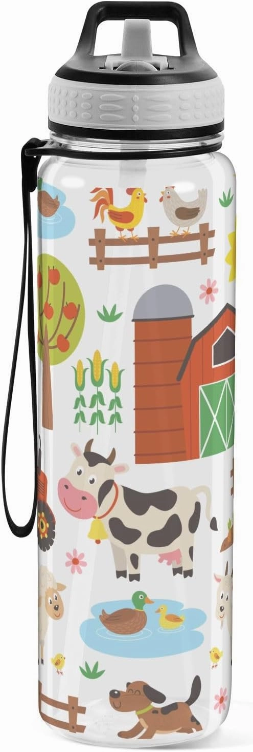 Burbuja Farm Animals 32 oz Water Bottle with Straw Lid, Leakproof & BPA Free Tritan Bottle for Gym Fitness Outdoor Sports