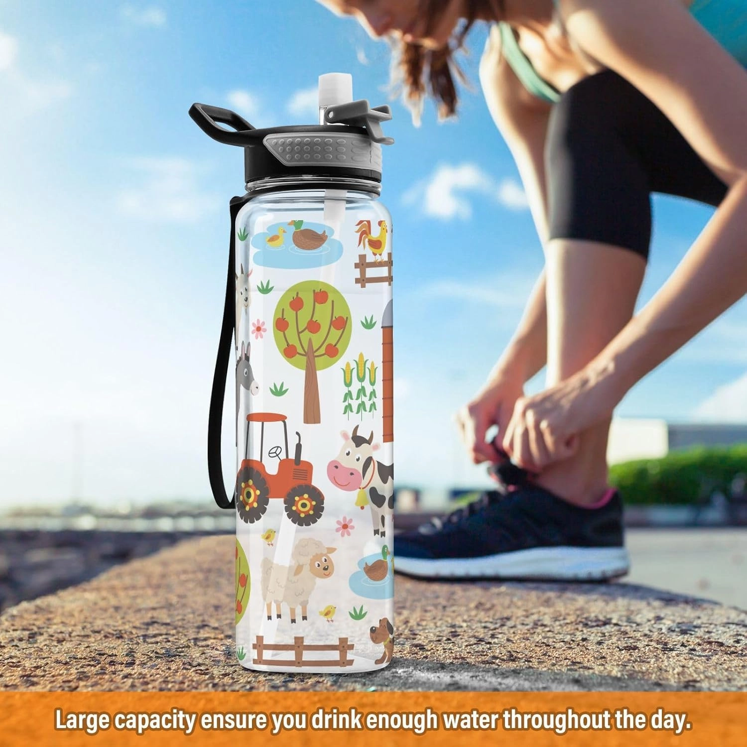 Burbuja Farm Animals 32 oz Water Bottle with Straw Lid, Leakproof & BPA Free Tritan Bottle for Gym Fitness Outdoor Sports