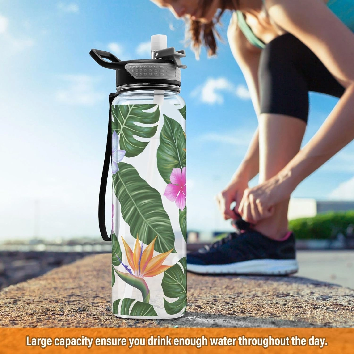 Burbuja Hawaiian Floral Palm Leaf 32 oz Water Bottle with Straw Lid, Leakproof & BPA Free Tritan Bottle for Gym Fitness Outdoor Sports