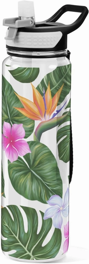 Burbuja Hawaiian Floral Palm Leaf 32 oz Water Bottle with Straw Lid, Leakproof & BPA Free Tritan Bottle for Gym Fitness Outdoor Sports