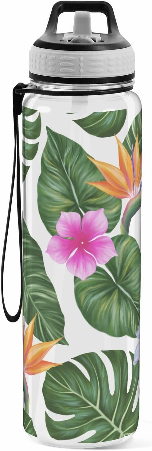 Burbuja Hawaiian Floral Palm Leaf 32 oz Water Bottle with Straw Lid, Leakproof & BPA Free Tritan Bottle for Gym Fitness Outdoor Sports