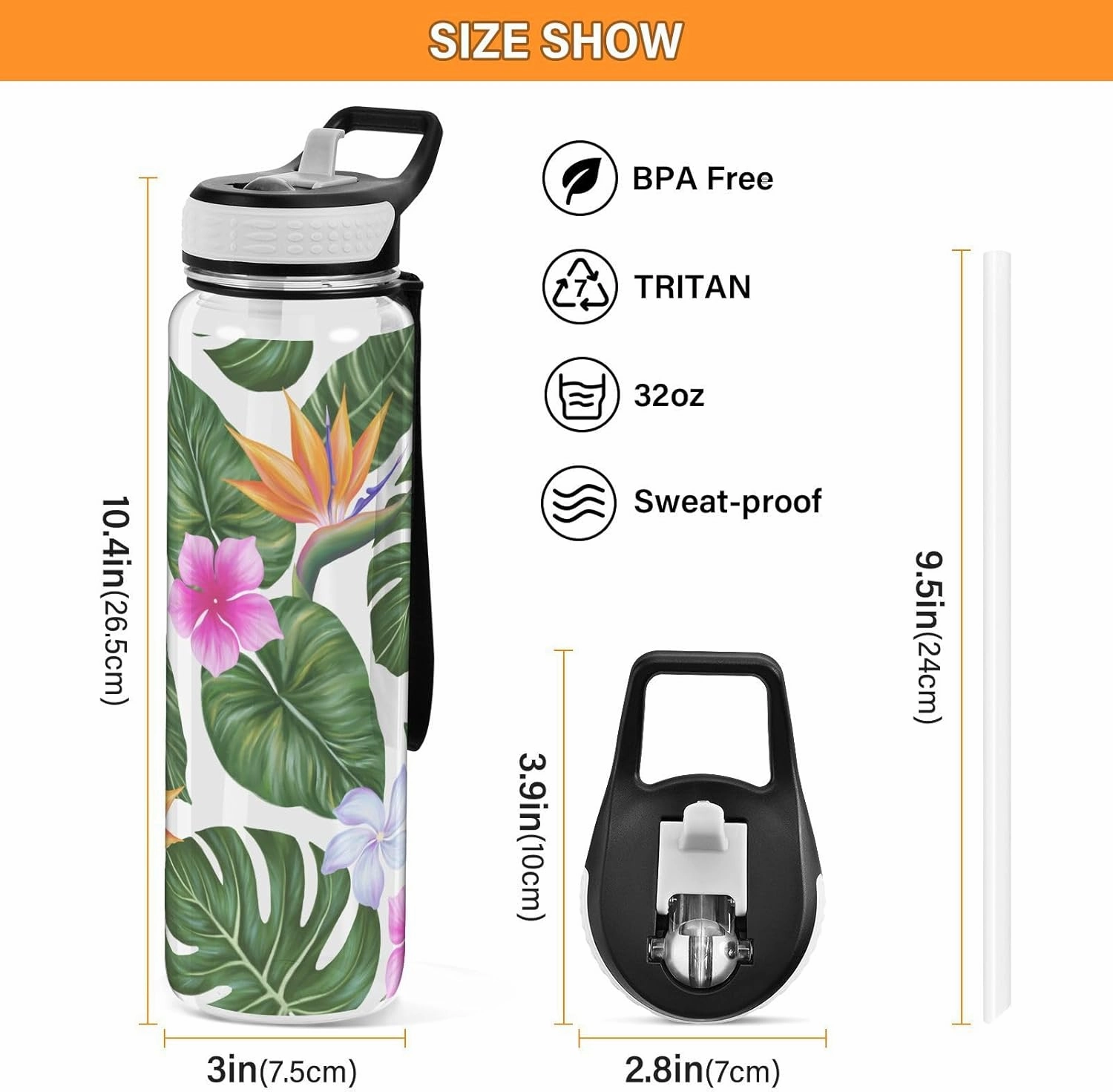 Burbuja Hawaiian Floral Palm Leaf 32 oz Water Bottle with Straw Lid, Leakproof & BPA Free Tritan Bottle for Gym Fitness Outdoor Sports