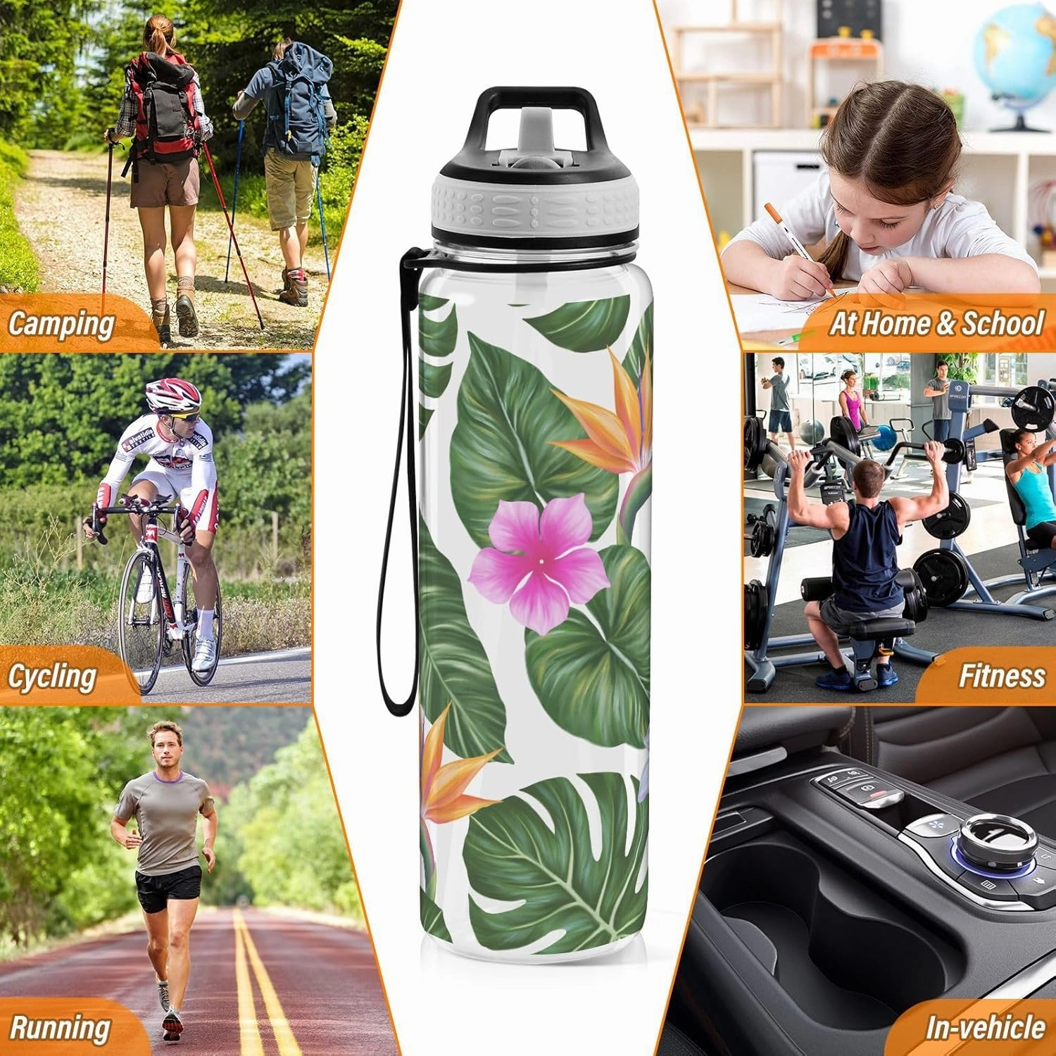 Burbuja Hawaiian Floral Palm Leaf 32 oz Water Bottle with Straw Lid, Leakproof & BPA Free Tritan Bottle for Gym Fitness Outdoor Sports