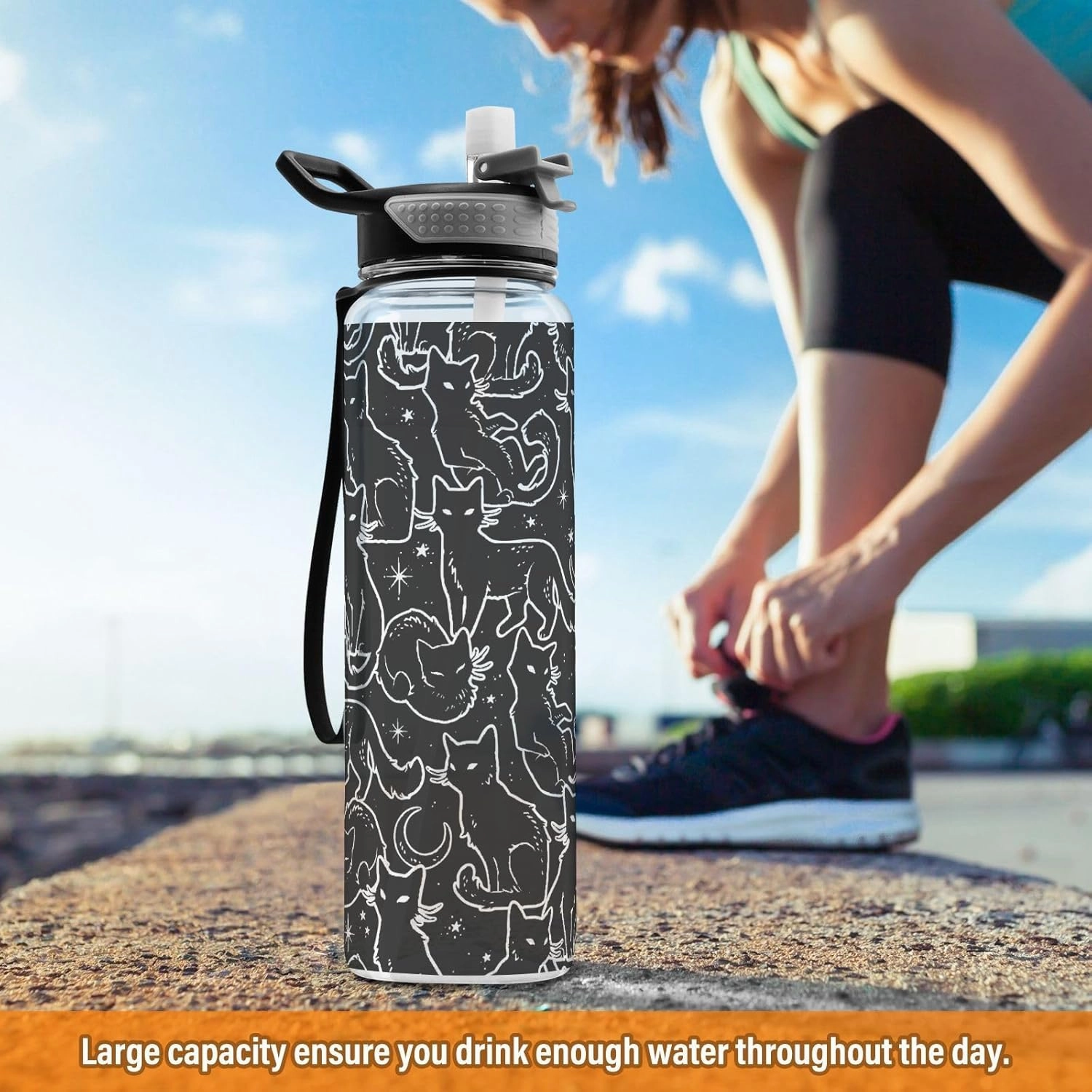 Burbuja Magical Black Cats 32 oz Water Bottle with Straw Lid, Leakproof & BPA Free Tritan Bottle for Gym Fitness Outdoor Sports