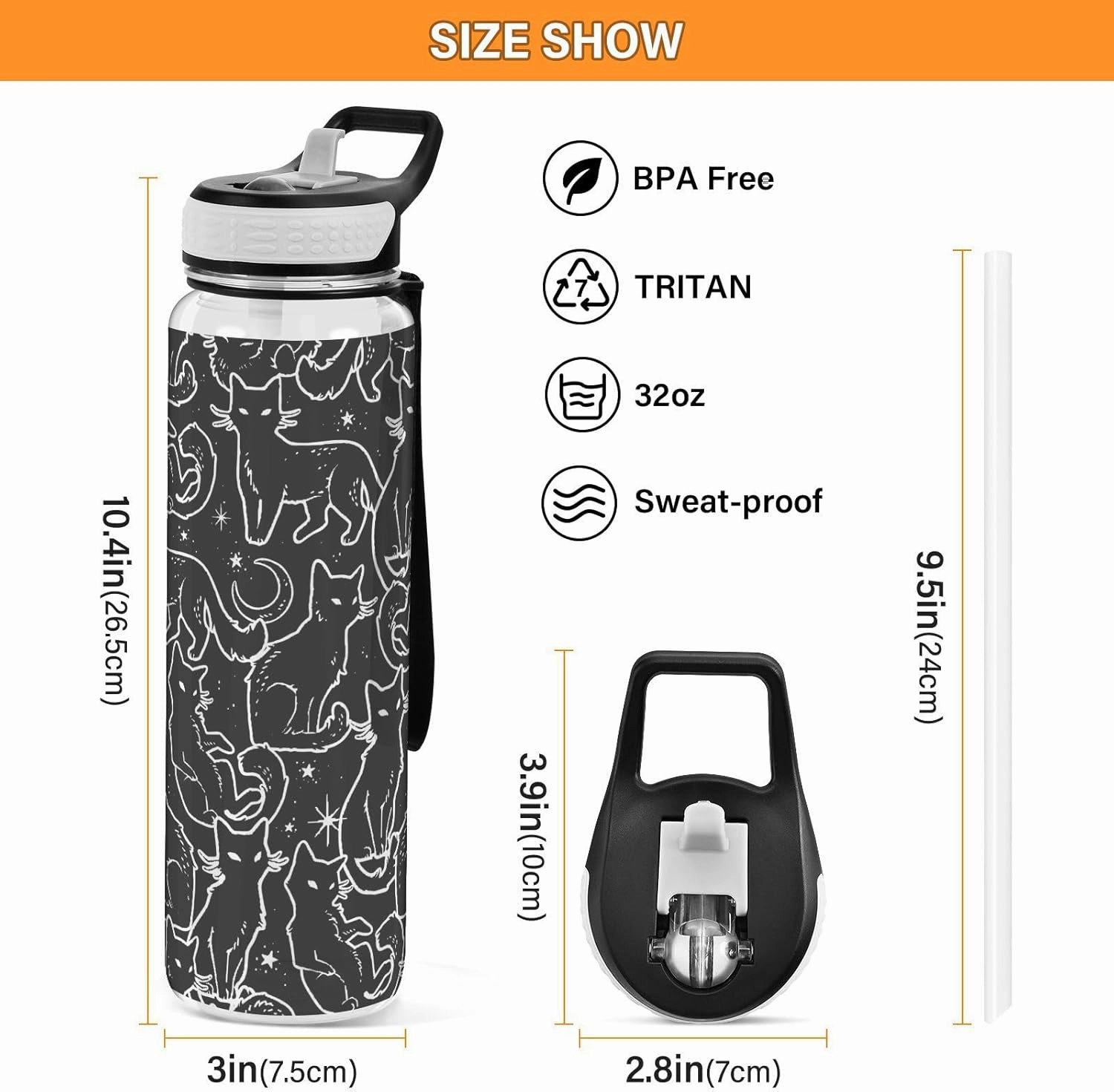 Burbuja Magical Black Cats 32 oz Water Bottle with Straw Lid, Leakproof & BPA Free Tritan Bottle for Gym Fitness Outdoor Sports