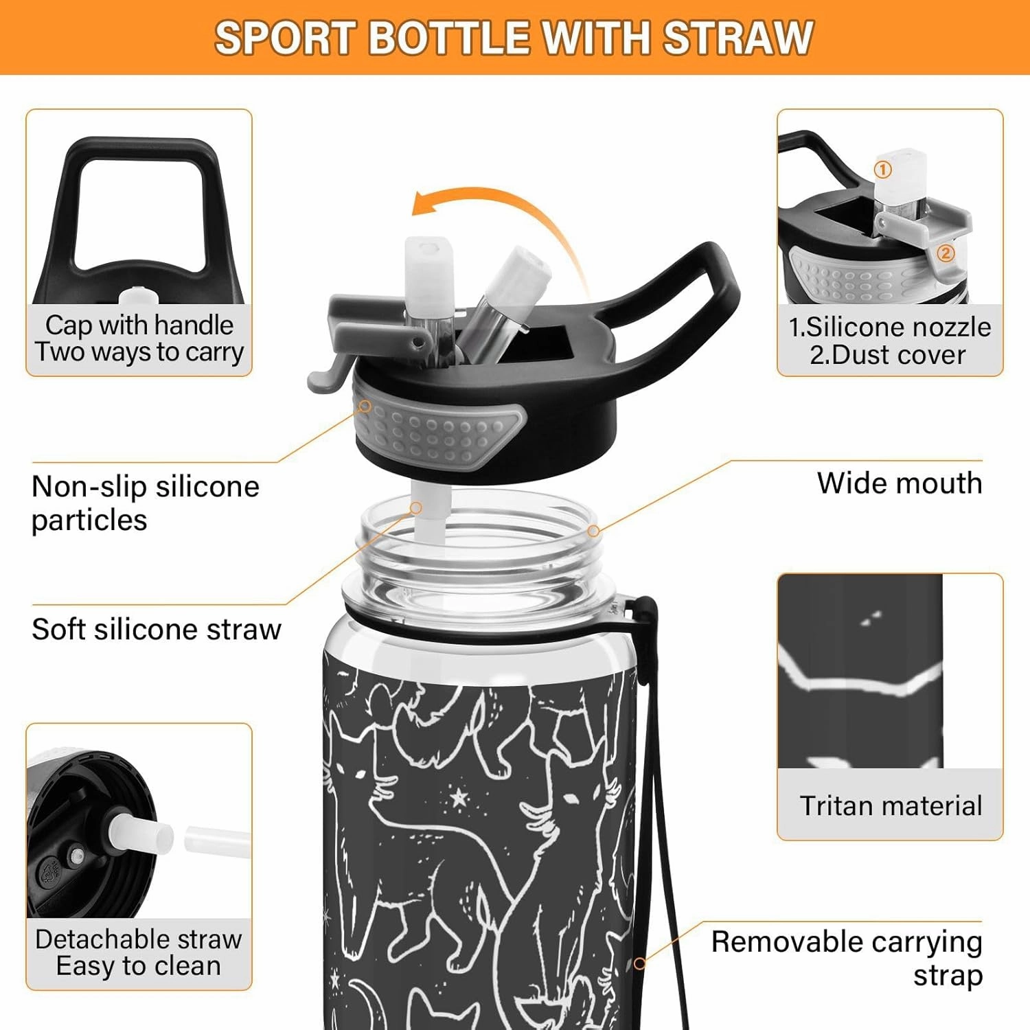 Burbuja Magical Black Cats 32 oz Water Bottle with Straw Lid, Leakproof & BPA Free Tritan Bottle for Gym Fitness Outdoor Sports
