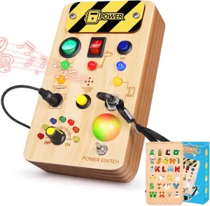 Busy Board Montessori Toys for Toddler, Wooden Sensory Board Switch Toy with Color-Changing LED Light Up Travel Toys Educational Plane Travel Activity for 1-6 Year Old Girls & Boys Gifts
