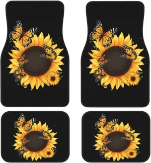 Butterflies and Sunflowers Universal Car Floor Mats, Car Foot Mat Set of 4 Pieces, Automotive Front Rear Floor Foot Mats, Anti-Slip Neoprene Car Floor Rugs,for Suvs, Sedans, Van, Trucks