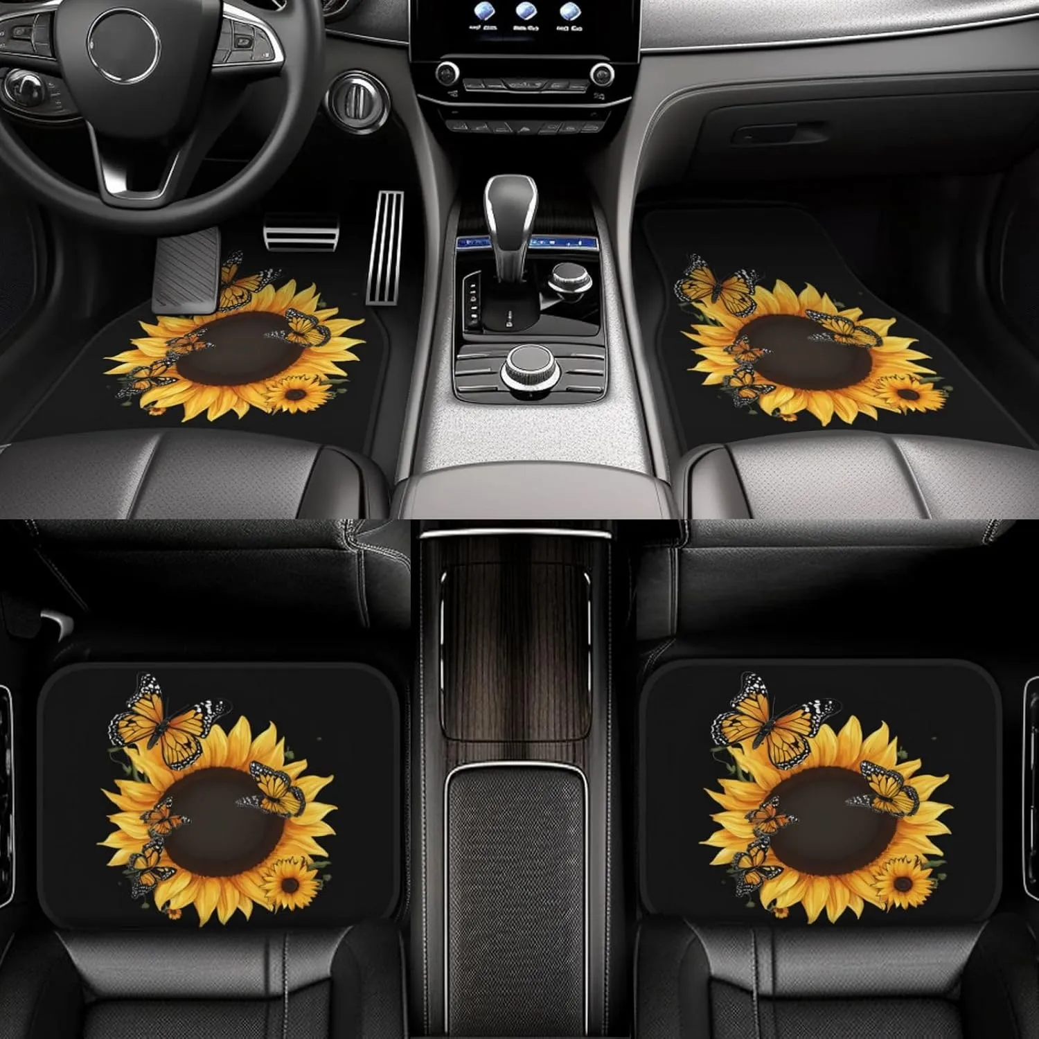 Butterflies and Sunflowers Universal Car Floor Mats, Car Foot Mat Set of 4 Pieces, Automotive Front Rear Floor Foot Mats, Anti-Slip Neoprene Car Floor Rugs,for Suvs, Sedans, Van, Trucks