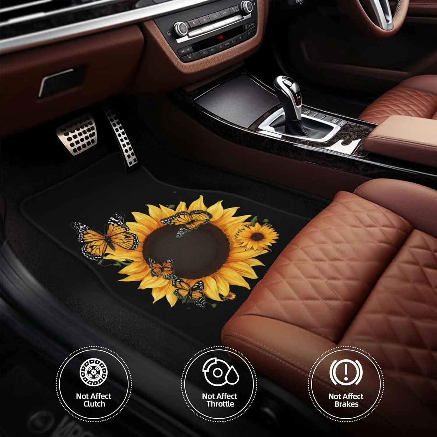 Butterflies and Sunflowers Universal Car Floor Mats, Car Foot Mat Set of 4 Pieces, Automotive Front Rear Floor Foot Mats, Anti-Slip Neoprene Car Floor Rugs,for Suvs, Sedans, Van, Trucks