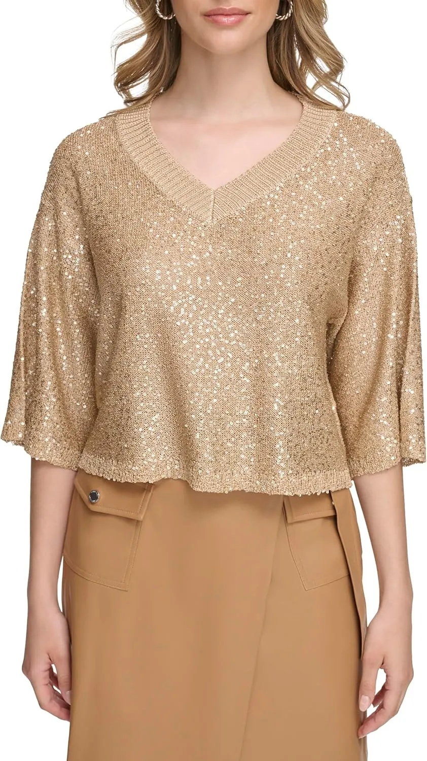 Calvin Klein Women's Pull on Sequin V Neck Sweater