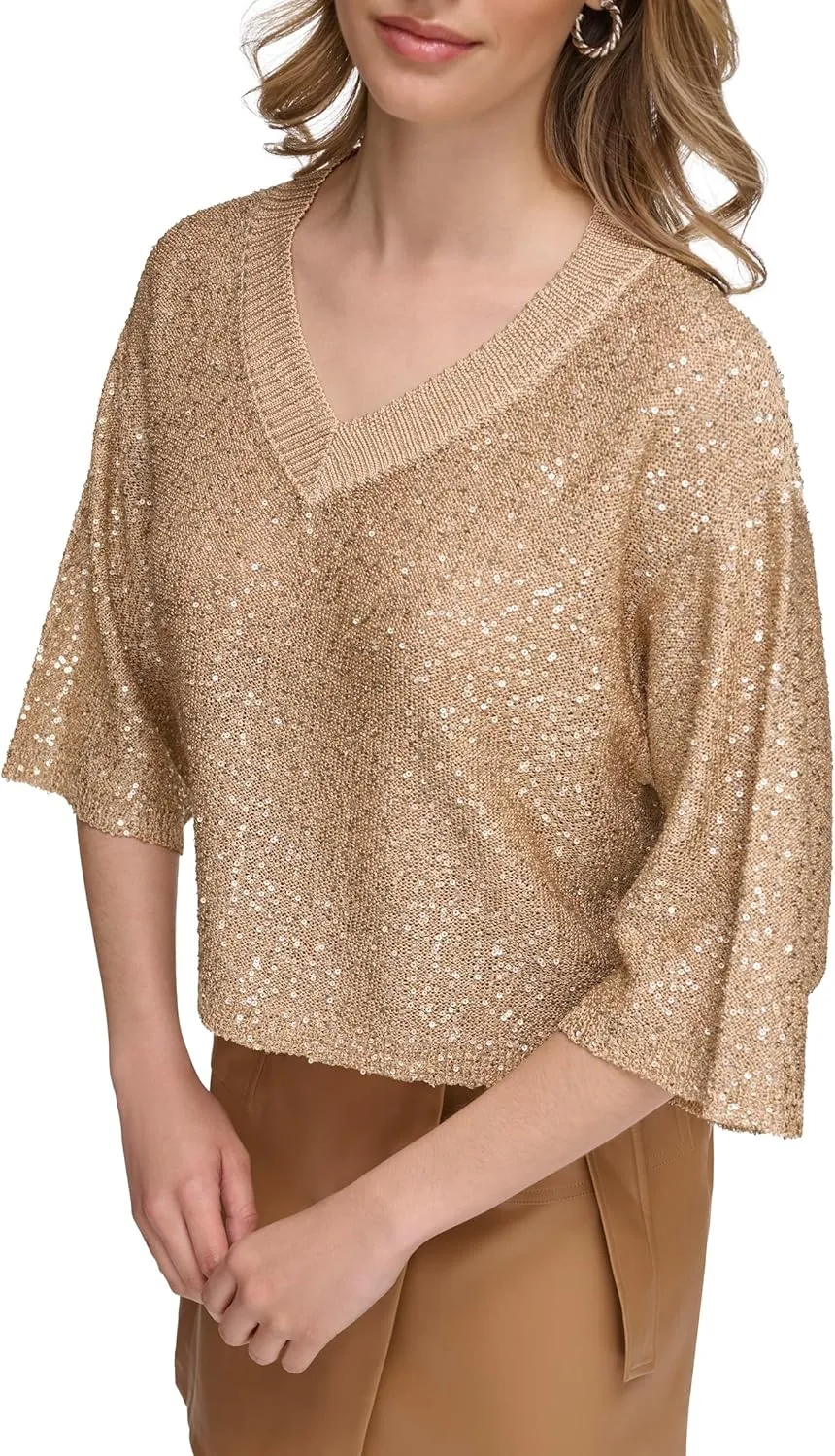 Calvin Klein Women's Pull on Sequin V Neck Sweater