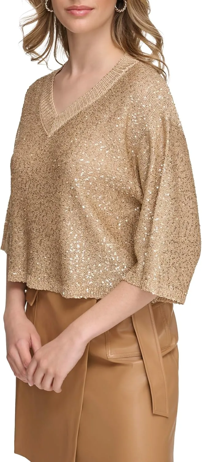 Calvin Klein Women's Pull on Sequin V Neck Sweater