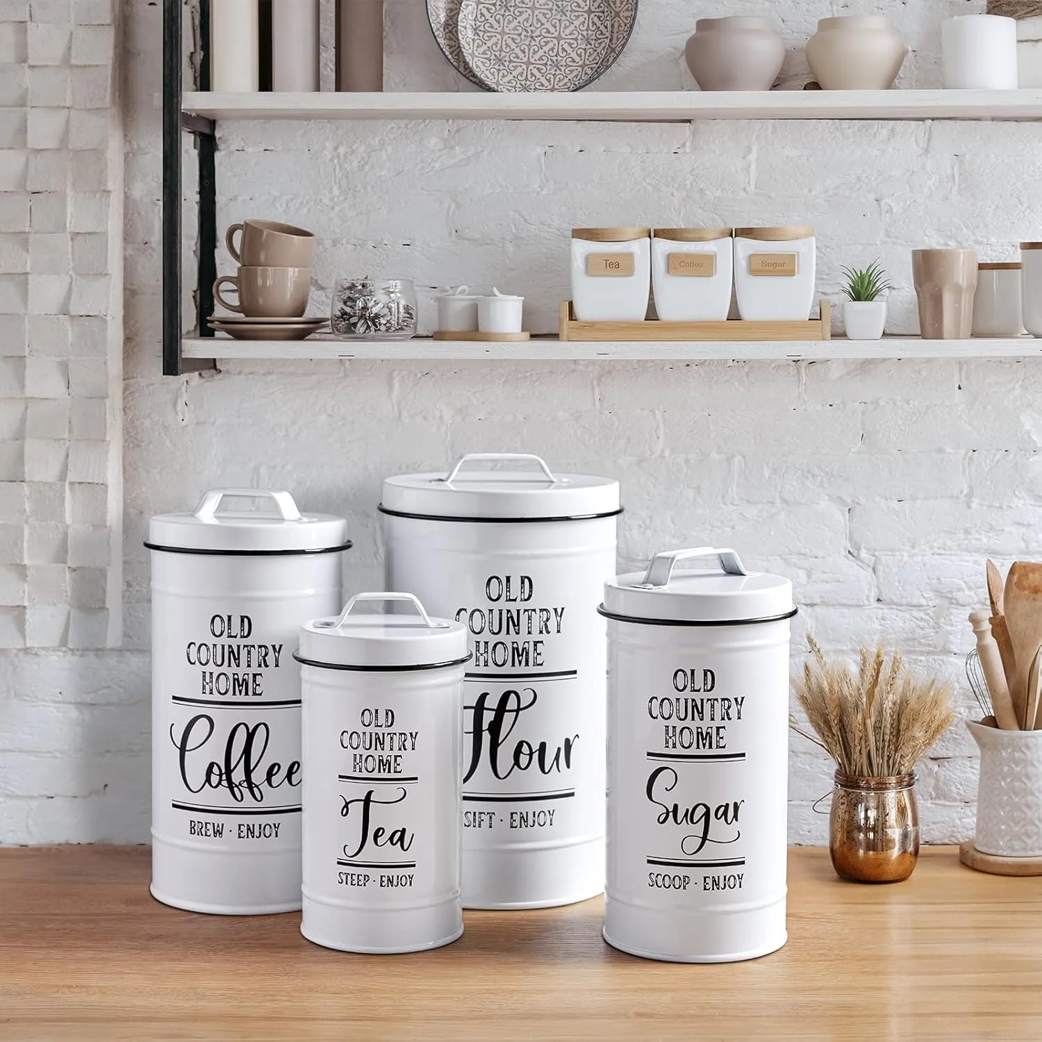 Canisters Sets for the Kitchen, Airtight Kitchen Canisters for Countertop, Flour and Sugar Containers, Tea Coffee Sugar Canister Set, Coffee Bar Decor and Accessories, Set of 4, White