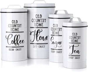 Canisters Sets for the Kitchen, Airtight Kitchen Canisters for Countertop, Flour and Sugar Containers, Tea Coffee Sugar Canister Set, Coffee Bar Decor and Accessories, Set of 4, White