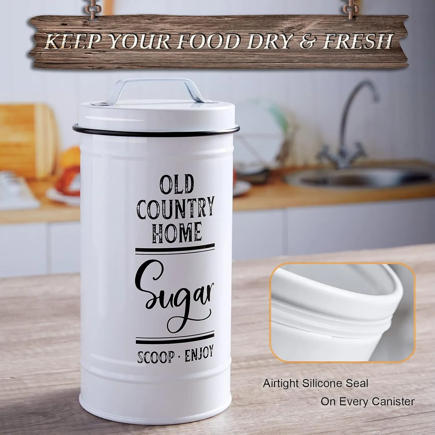 Canisters Sets for the Kitchen, Airtight Kitchen Canisters for Countertop, Flour and Sugar Containers, Tea Coffee Sugar Canister Set, Coffee Bar Decor and Accessories, Set of 4, White