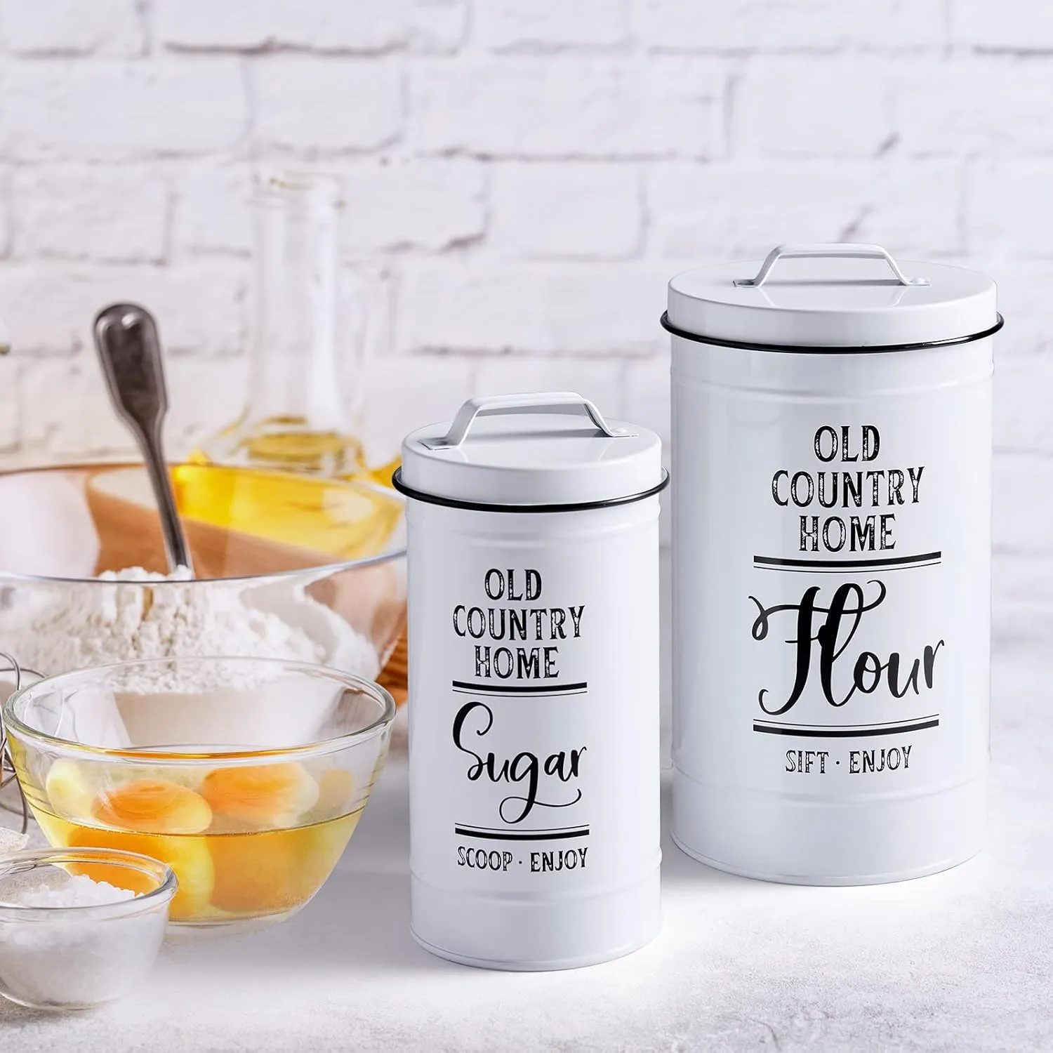 Canisters Sets for the Kitchen, Airtight Kitchen Canisters for Countertop, Flour and Sugar Containers, Tea Coffee Sugar Canister Set, Coffee Bar Decor and Accessories, Set of 4, White