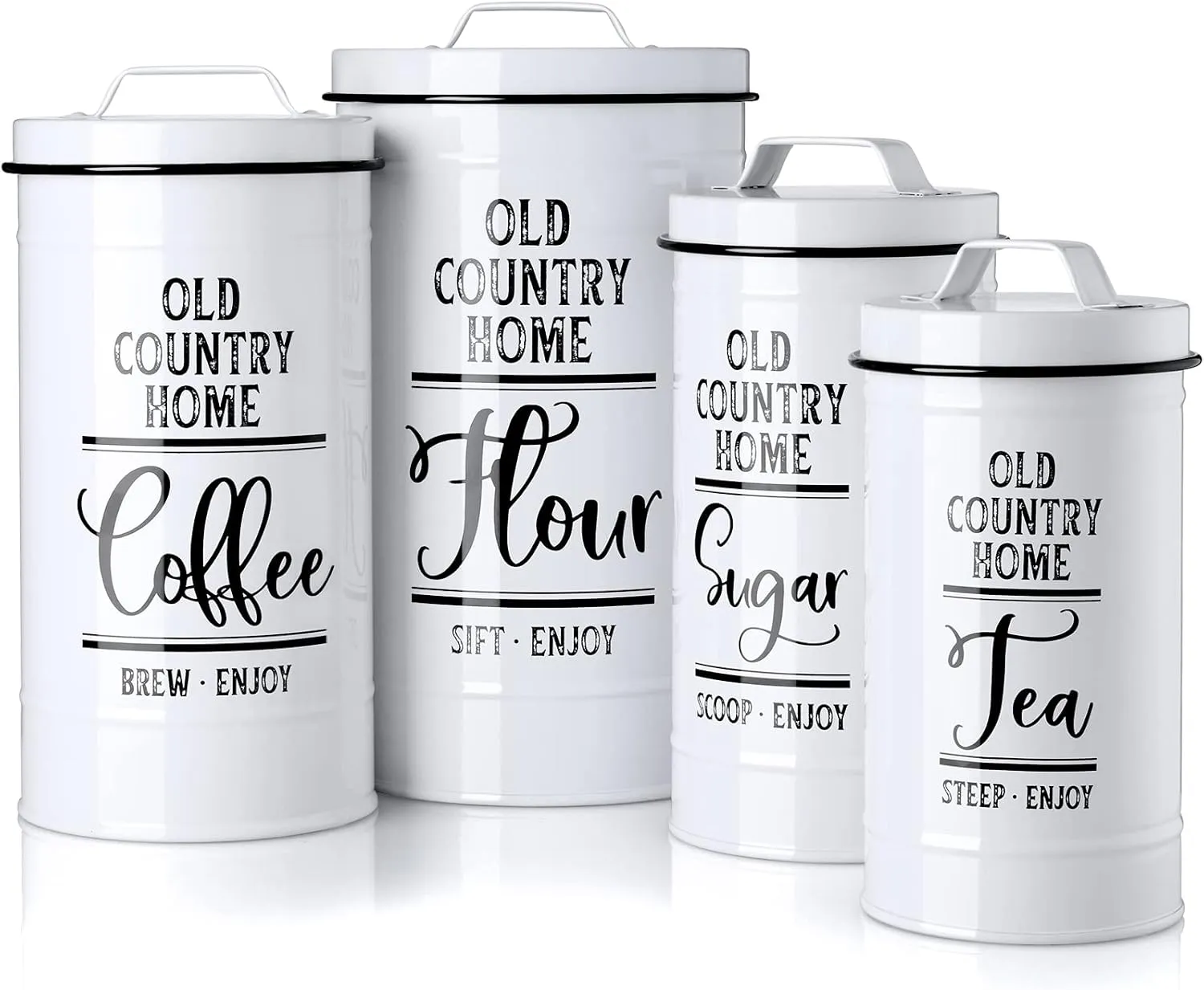 Canisters Sets for the Kitchen, Airtight Kitchen Canisters for Countertop, Flour and Sugar Containers, Tea Coffee Sugar Canister Set, Coffee Bar Decor and Accessories, Set of 4, White