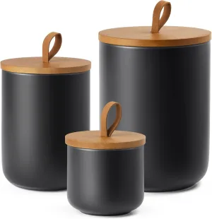 Canisters Sets for The Kitchen, Airtight Kitchen Canisters for Countertop, Kitchen Canisters Set of 3 with Top Handle, Modern Ceramic Jar with Wooden Lid for Coffee Flour Cookie Nuts