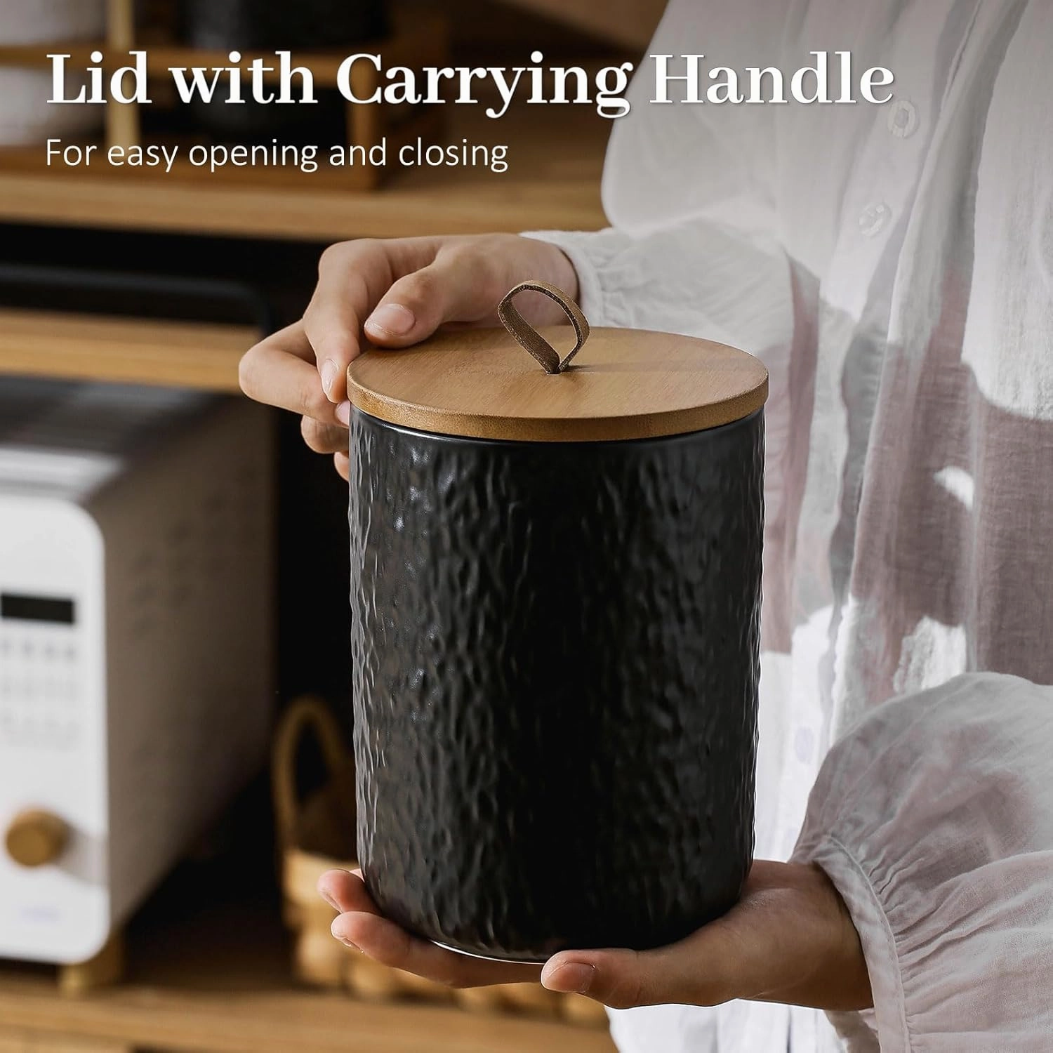 Canisters Set for Kitchen Food Storag of 3 Piece, Airtight Kitchen Canisters for Countertop, Modern Ceramic Jar with Top Handle & Wooden Lid for Coffee Tea Sugar Flour Cookie(Black)