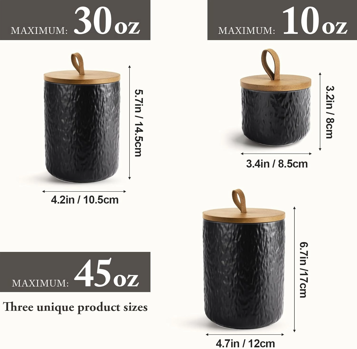 Canisters Set for Kitchen Food Storag of 3 Piece, Airtight Kitchen Canisters for Countertop, Modern Ceramic Jar with Top Handle & Wooden Lid for Coffee Tea Sugar Flour Cookie(Black)