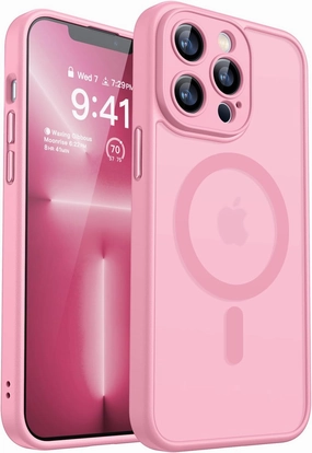 CANSHN Magnetic Compatible with iPhone 13 Pro Max Case, Upgraded [Full Camera Protection] [Compatible with Magsafe] [Translucent Matte] Shockproof Protective Phone Case Cover 6.7 Inch - Pink